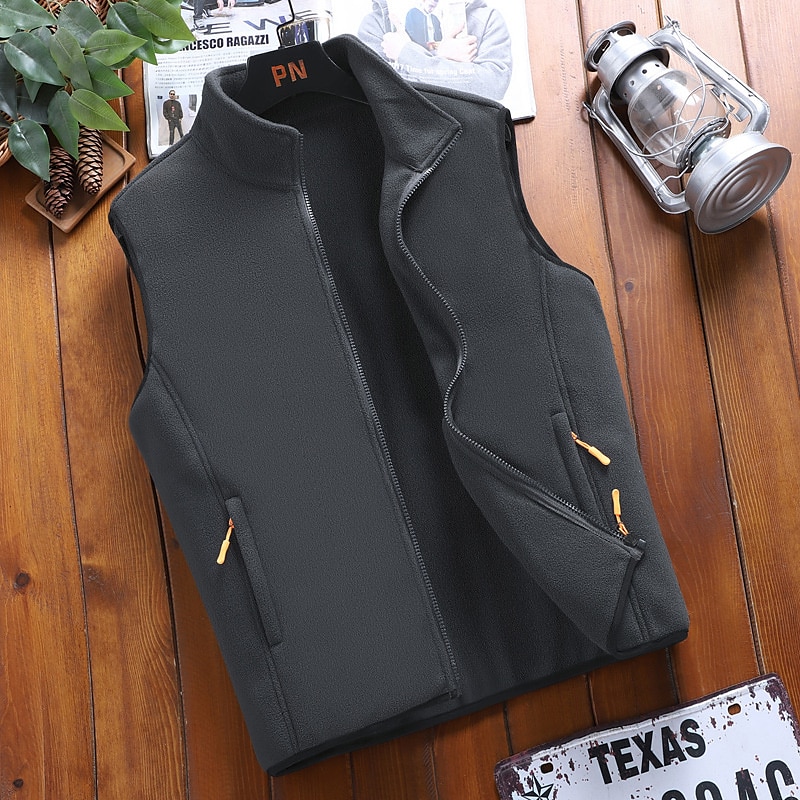 Men's Fleece Vest Polar Fleece Gilet Daily Wear Going out Festival Sport Basic Fall & Winter Zipper Pocket Polyester Warm Solid Colored Zipper Standing Collar Regular Fit Light Blue Black Dark Navy2