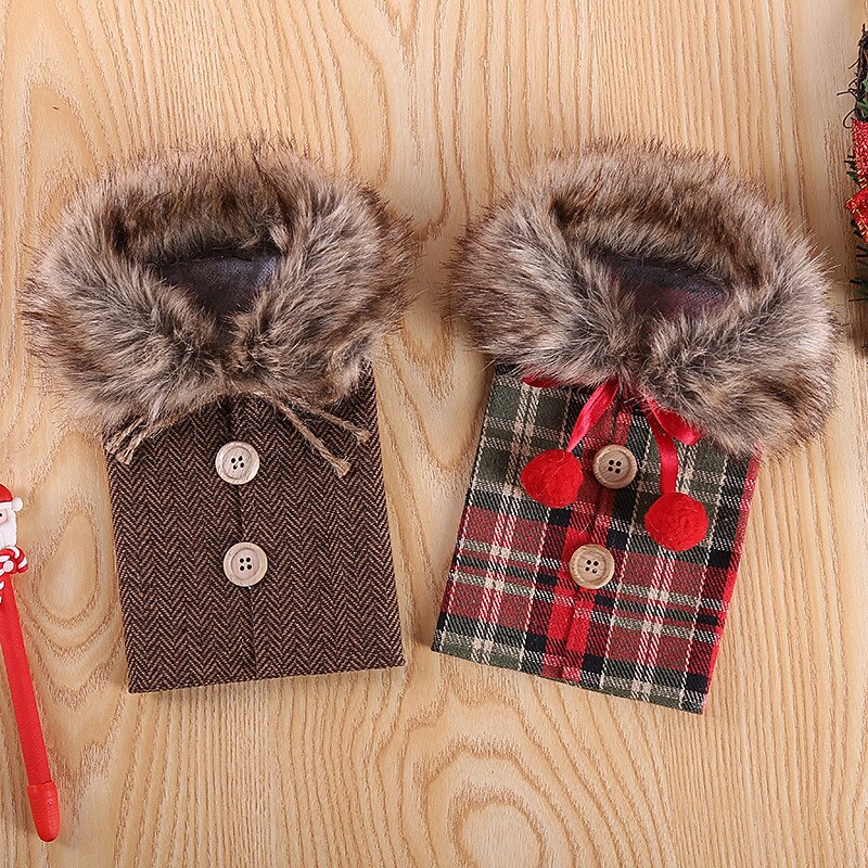 Christmas Decorations Europe And America New Wine Sets Holiday Decoration Props Bowknot Linen Wool Collar Red Wine Bottle Sets Spot4