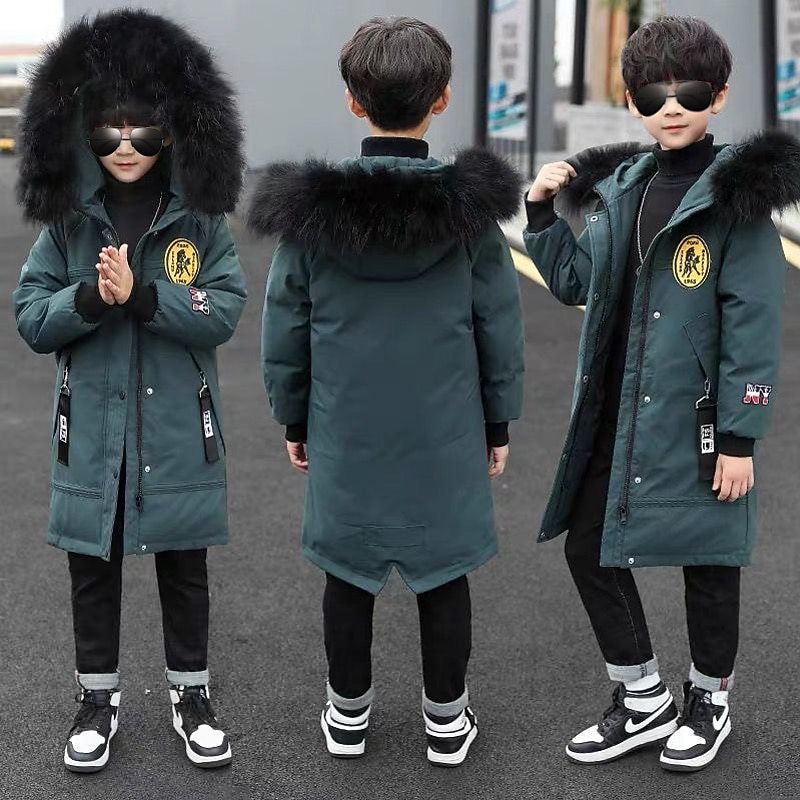 Kids Boys' Down Coat Puffer Jacket Outerwear Letter Long Sleeve Coat School Cool Adorable Black Green Fall Winter 7-13 Years2