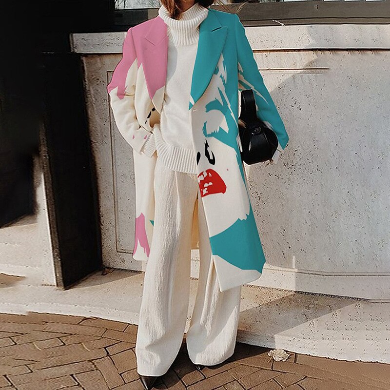 Women's Winter Coat Warm Breathable Street Vacation Going out Print Open Front Turndown OL Style Elegant Modern Abstract Regular Fit Outerwear Long Sleeve Winter Fall Green S M L XL XXL 3XL2