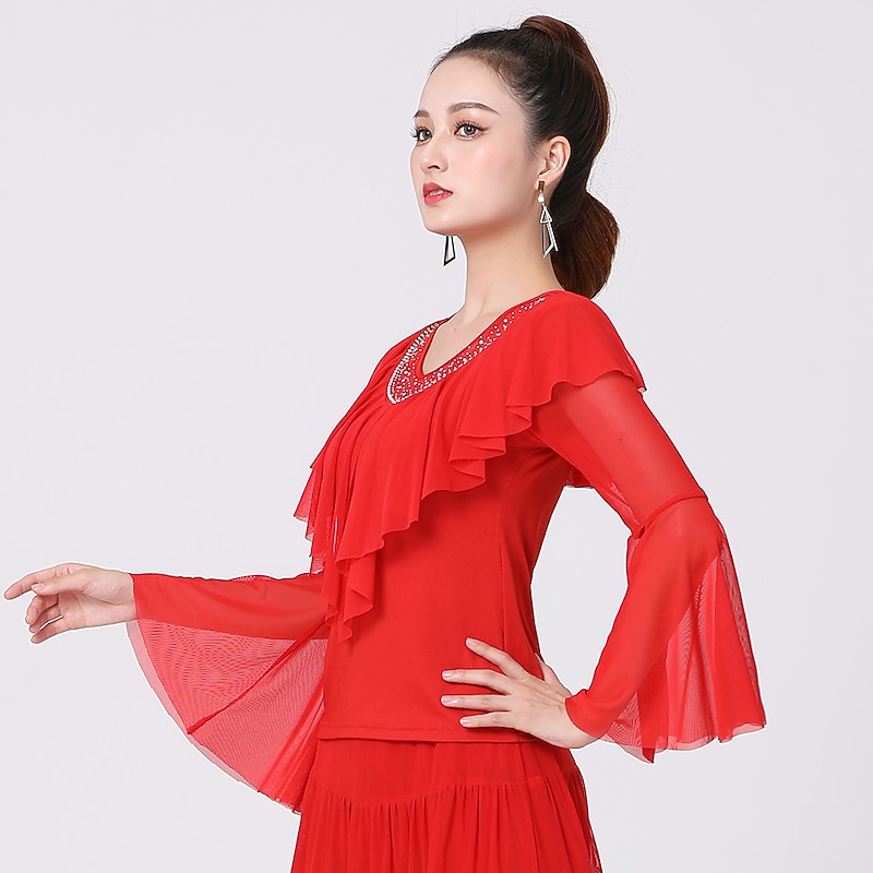 Latin Dance Ballroom Dance Top Pure Color Crystals / Rhinestones Tulle Women's Performance Training Long Sleeve High Terylene3