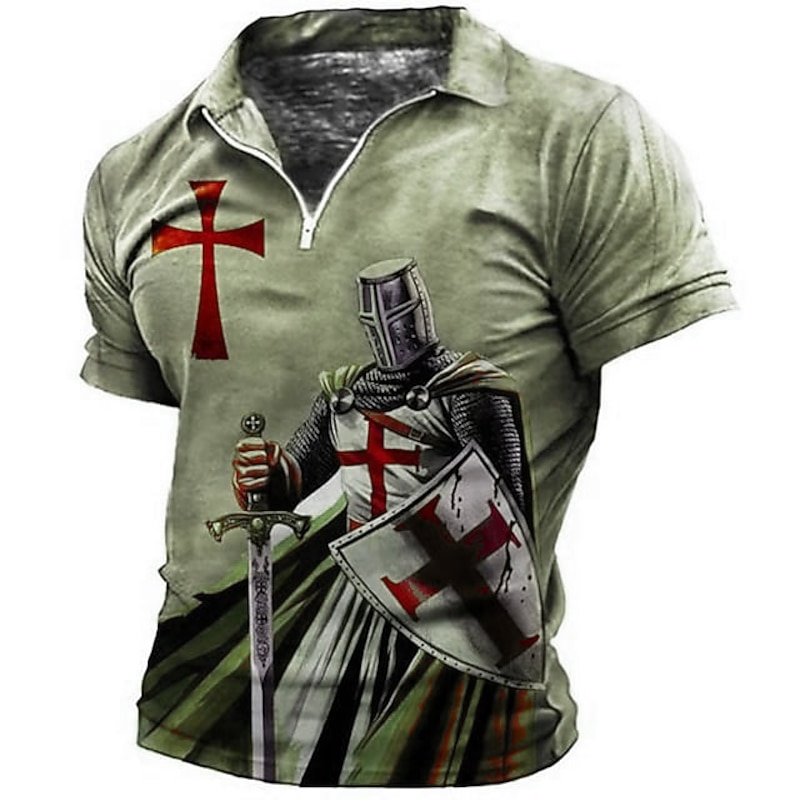 Men's Knights Templar Zip Polo Shirts Golf Shirt Short Sleeve Polo Shirts Collared Shirts Vintage Casual Vacation Wear Festival Wear Party Outfits 3D Print Quarter Zip Polo Blue Green Khaki3