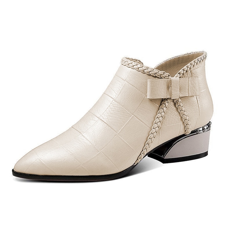 Women's Beige Faux Leather Ankle Boots with Bow and Block Heel, Elegant Pointed Toe Short Boots for Office and Party Wear2