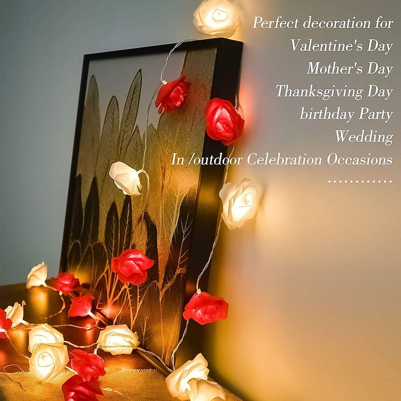Elegant Wedding Party Reception Rose String Lights – Battery Operated Red/Pink/White 6M/3M/2M 40/20/10 LED Artificial Flower Garland for Valentine's Day4
