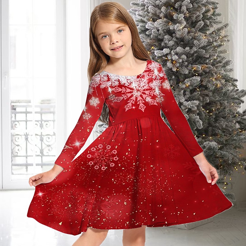 Kids Girls' Christmas Dress Dress Snowflake Dress Snowflake Long Sleeve Casual Crewneck Adorable Daily Polyester Above Knee Casual Dress Swing Dress A Line Dress Fall Winter 3-10 Years Multicolor