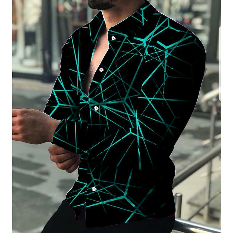 Men's Shirt Dress Shirt Geometric Pattern Outdoor Casual Red Blue Purple Green Long Sleeve Turndown Summer Spring Clothing Apparel Print3
