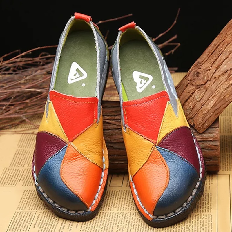 Women's Patchwork Colorful Faux Leather Loafers | Casual Slip-On Shoes with Hand-Stitched Design for Daily Wear and Comfort
