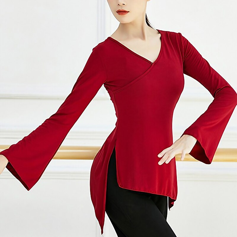Breathable Ballet Top Split Ruching Solid Women's Training Performance Long Sleeve Modal