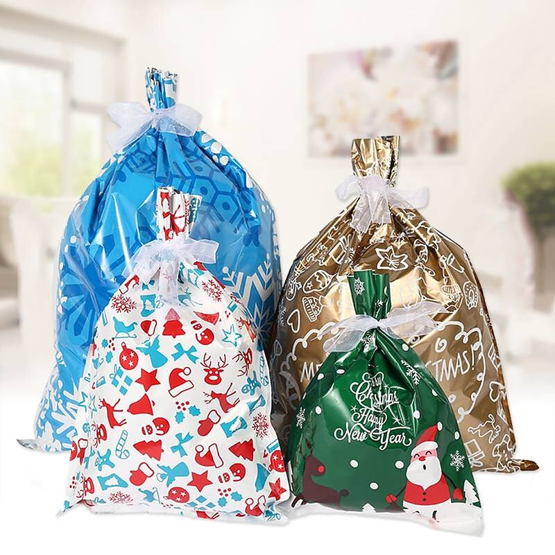 30pcs Christmas Bags Large Size Wrapping Assorted Styles Christmas Bags with Ribbon Ties for Xmas Wrap