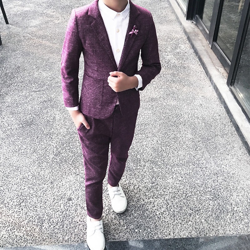 2 Pieces Ring Bearer Suit Boys Kids Suit Formal Suit Suit & Blazer Clothing Set School Formal Outdoor Fashion Cool Gentle Solid Color Wine Dusty Blue Green Cotton