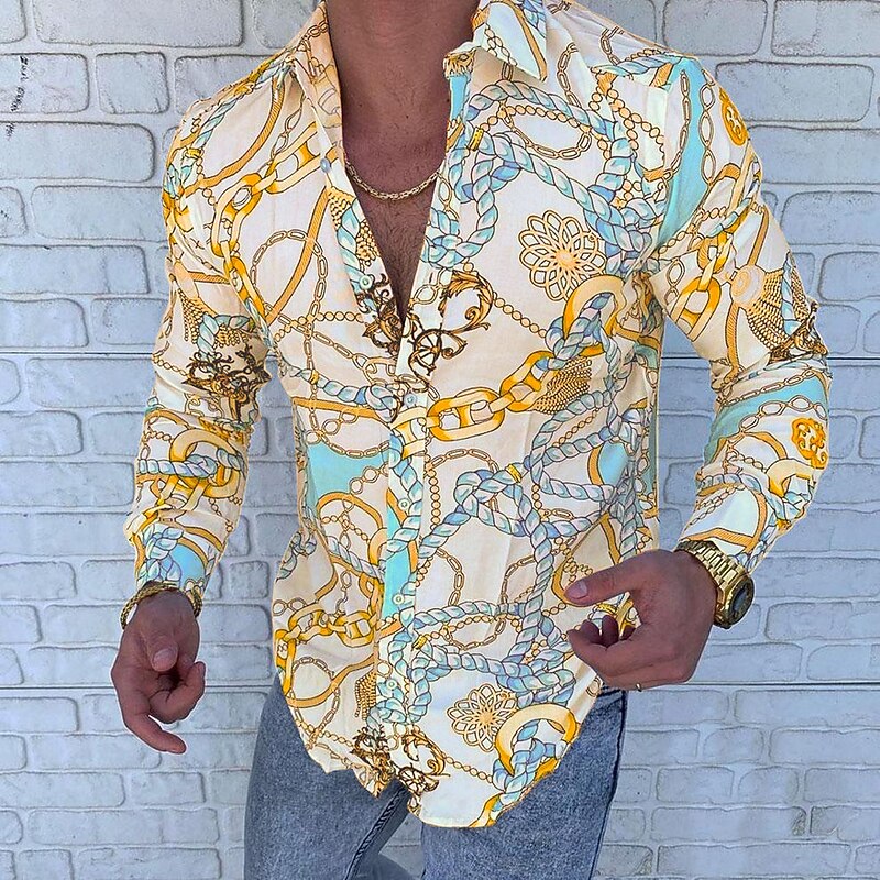 Men's Shirt Button Up Shirt Long Sleeve Designer Punk & Gothic Going out Spring & Summer Standing Collar Patchwork Print Yellow Red Blue Purple2