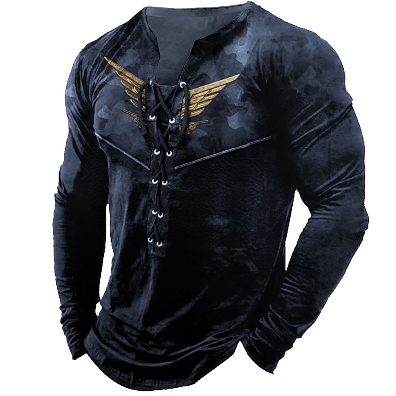 Men's Graphic Geometric T Shirt Tee Long Sleeve Shirt Collar Outdoor Street 3D Print Black Red Blue Dark Green Purple Lace up Print Clothing Apparel Designer Basic Classic Casual2