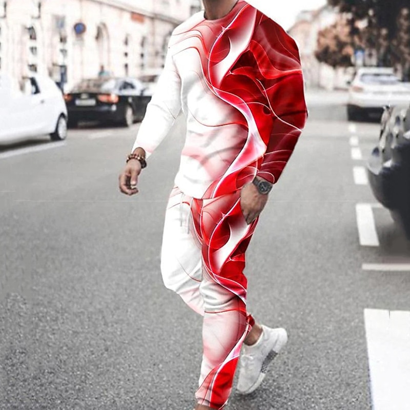Men's Graphic Color Block 2pcs 3D Sweatshirt Sets Tracksuit Long Sleeve Long pants Crew Neck Streetwear Sportswear Basic Sports & Outdoor Casual Sports Print Spring Fall Black Red Blue2