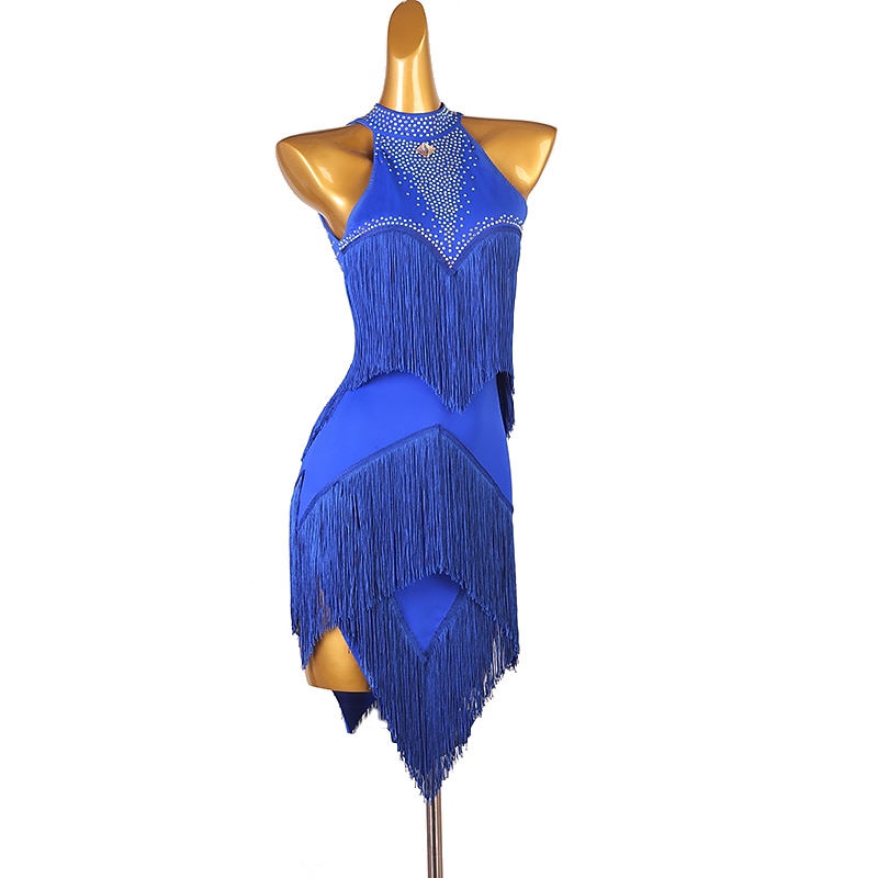 Latin Dance Dress Fringed Tassel Crystals / Rhinestones Women's Performance Training Sleeveless Chinlon4