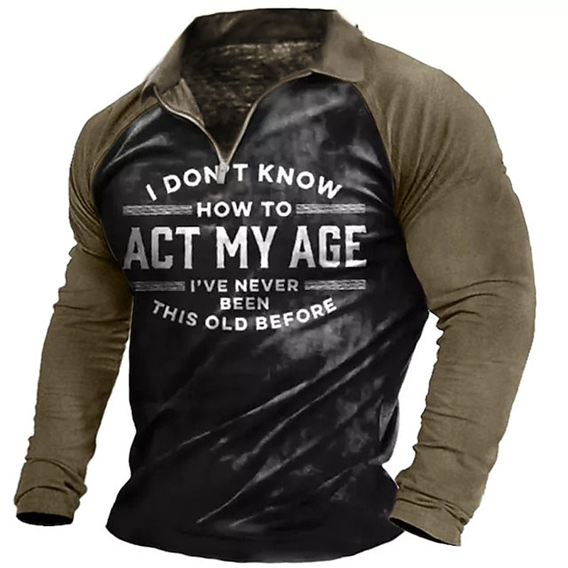 Men's Funny Zip Polo Shirts Golf Shirt Long Sleeve Polo Shirts Collared Shirts Vintage Casual Streetwear Festival Wear Party Outfits 3D Print Quarter Zip Polo Khaki Gray2