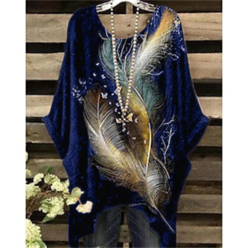 Women's Plus Size Blouse Chiffon Vintage Holiday Casual Print Dolman Sleeve 3/4 Length Sleeve Crew Neck Daily Weekend Black Dark Blue Summer Spring Fall4