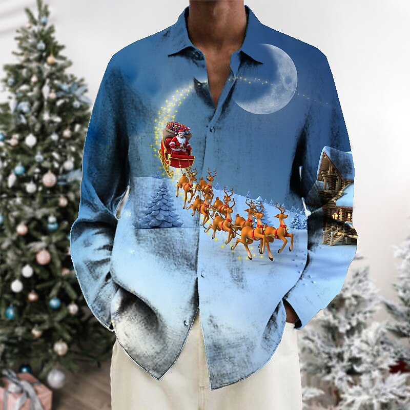 Christmas Men's Christmas Scene Printed Shirts Shirts Santa Claus Elk Turndown Green Blue White+Gray Dusty Blue Red 3D Print Outdoor Long Sleeve Button-Down Print Clothing Apparel Fashion Designer