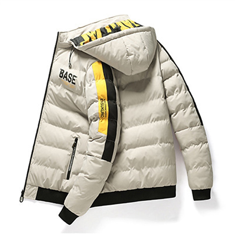 Men's Puffer Jacket Hoodie Coat Padded Zipper Pocket Print Sports Outdoor Regular Outdoor Casual / Daily Winter Letter Black Yellow Red Khaki Puffer Jacket2
