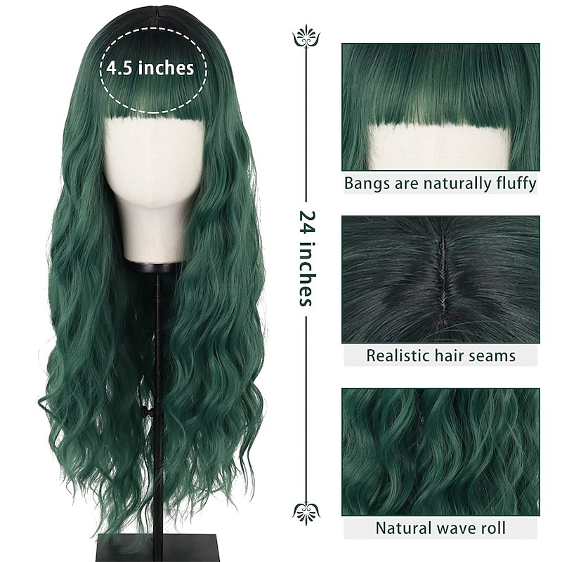 Long Dark Green Wig with Bangs Ombre Curly Green Wig for WomenLong Dark Green Cosplay Wig Synthetic Natural Looking for Daily and Party Christmas Party Wigs St.Patrick's Day Wigs2