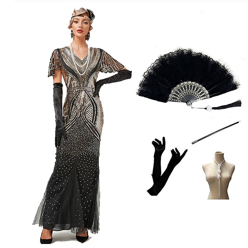 Vintage Inspired The Great Gatsby Long Length Flapper Dress Dress Outfits Illusion Sleeve The Great Gatsby Wedding Guest Sequins Sequin Halloween V Neck Fancy Dress Women's Halloween Masquerade
