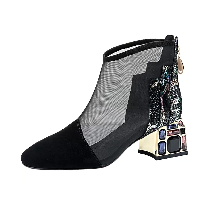 Women's Mesh Ankle Boots with Rhinestone-Embellished Block Heel - Stylish and Breathable Booties for Evening Parties and Special Occasions4