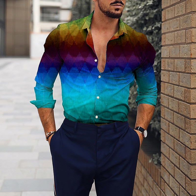 Men's Gradient Geometric Pattern Shirt Button Up Shirt Long Sleeve Fashion Designer Casual Outdoor Casual Holiday Summer Spring Turndown Print Button-Down Blue Purple Rainbow Dark Gray2