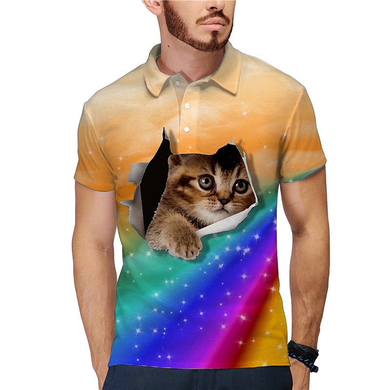 Men's Cat Polo Shirts Golf Shirt Short Sleeve Polo Shirts Collared Shirts Casual Funny Streetwear Vacation Wear Party Outfits Buttons 3D Print Yellow Pink Blue4