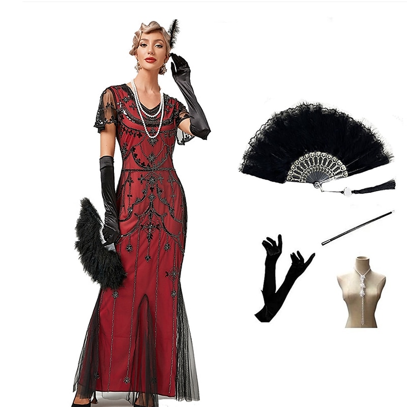 Vintage Inspired The Great Gatsby Long Length Flapper Dress Dress Outfits Illusion Sleeve The Great Gatsby Wedding Guest Sequins Sequin V Neck Fancy Dress Women's Halloween Masquerade Halloween Party3