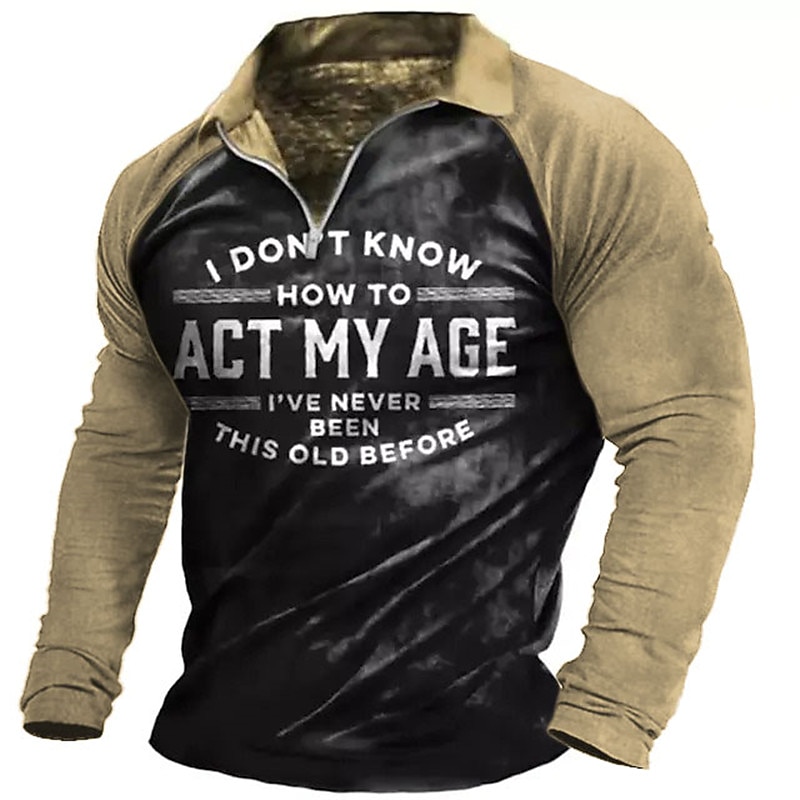 Men's Funny Zip Polo Shirts Golf Shirt Long Sleeve Polo Shirts Collared Shirts Vintage Casual Streetwear Festival Wear Party Outfits 3D Print Quarter Zip Polo Khaki Gray