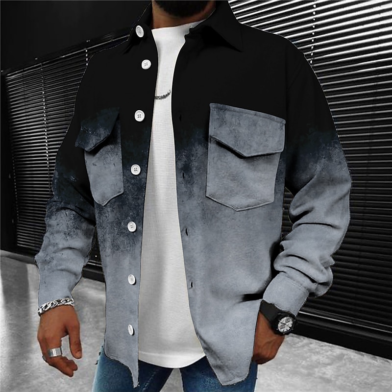 Men's Color Gradient Geometric Pattern Collared Shirt Fleece Shirt Shirt Jacket Long Sleeve Fashion Sport Casual Daily Sports & Outdoor Daily Wear Weekend Fall & Winter Turndown Pocket Print Blue3
