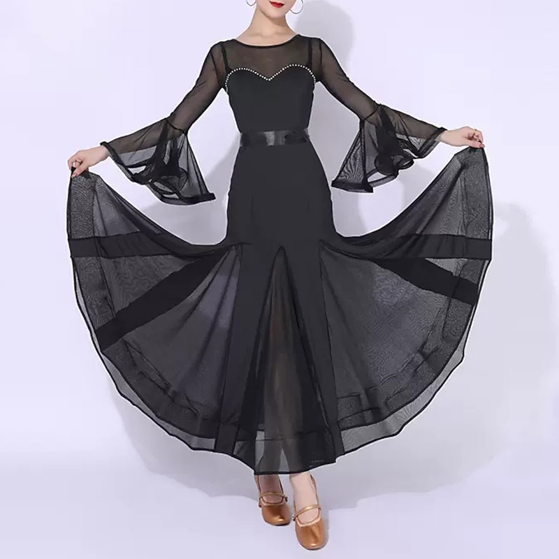 Ballroom Dance Dress Splicing Crystals / Rhinestones Women's Performance Training Long Sleeve Polyester Mesh Spandex