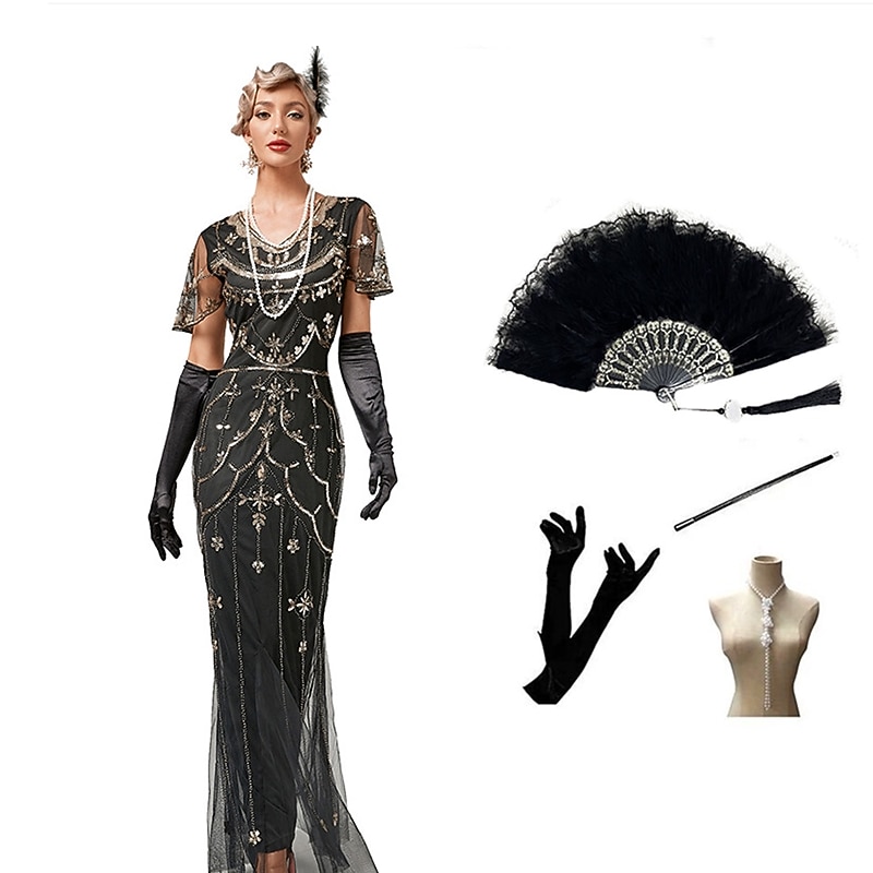 Vintage Inspired The Great Gatsby Long Length Flapper Dress Dress Outfits Illusion Sleeve The Great Gatsby Wedding Guest Sequins Sequin V Neck Fancy Dress Women's Halloween Masquerade Halloween Party