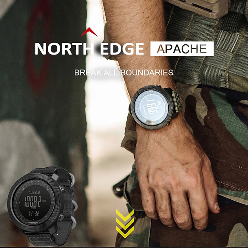 NORTH EDGE Apache Men Digital Watches Waterproof 50M Running Swimming Men Tactical Sport Watch Outdoor Sports Survival Military Watches for Men, Compass, Pedometer Calories4