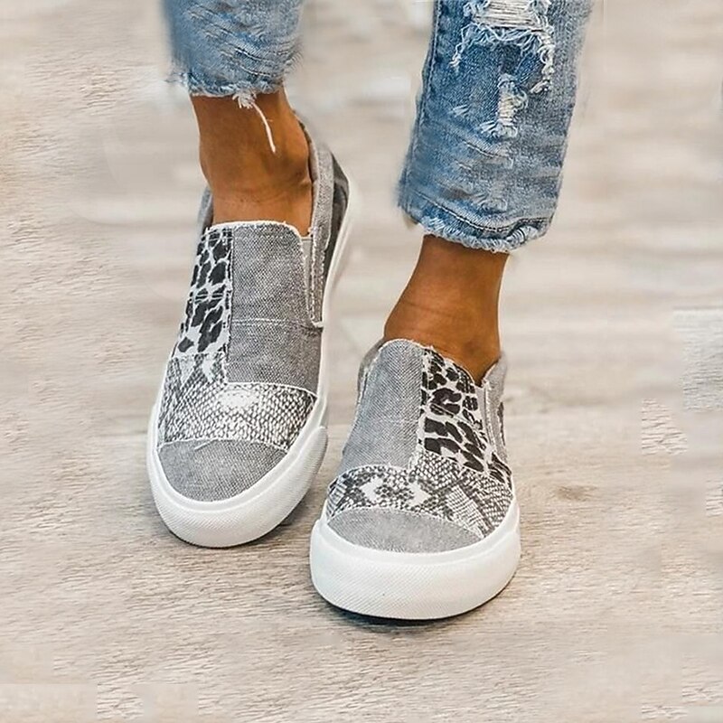 Women's Slip-On Patchwork Sneakers - Casual Leopard Print Canvas Shoes with Snake Pattern Accents for Everyday Wear3