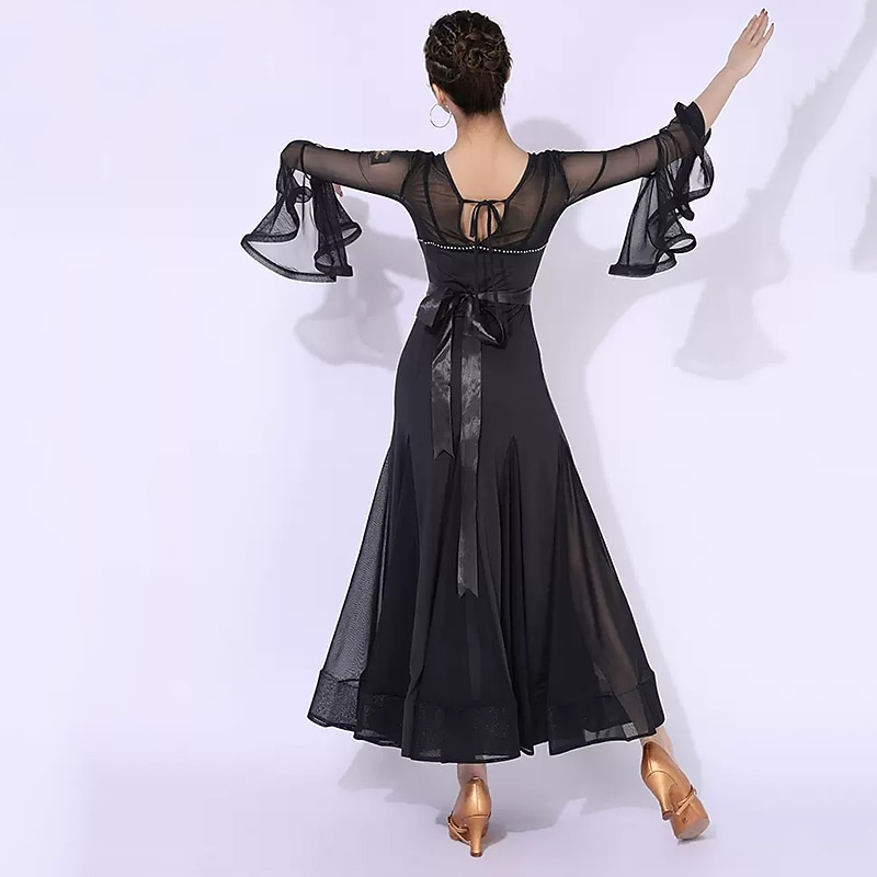 Ballroom Dance Dress Splicing Crystals / Rhinestones Women's Performance Training Long Sleeve Polyester Mesh Spandex3