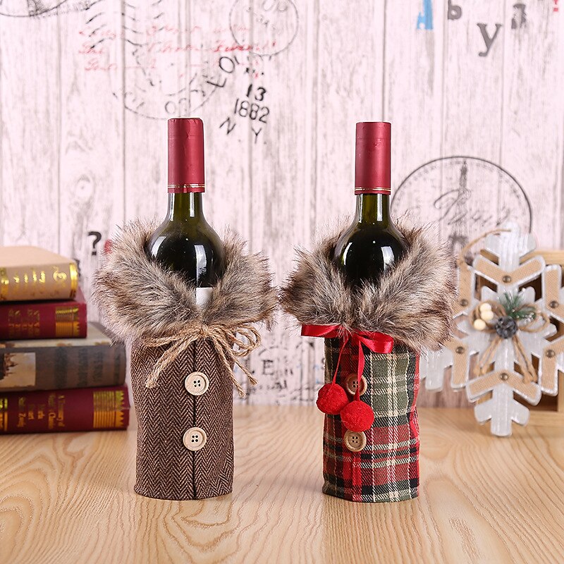 Christmas Decorations Europe And America New Wine Sets Holiday Decoration Props Bowknot Linen Wool Collar Red Wine Bottle Sets Spot