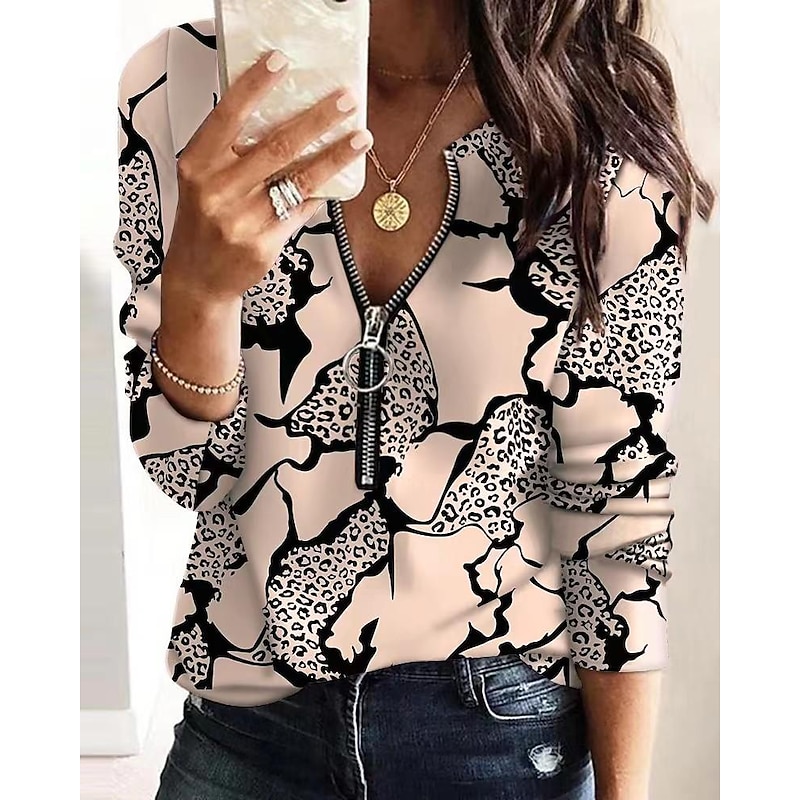 Women's Blouse Zip Up Sweatshirt Sweatshirt Pullover Streetwear Basic Geometric Color Block Abstract Office Casual V Neck Zipper Long Sleeve Black Grey Multicolor Apricot Spring Fall Winter3