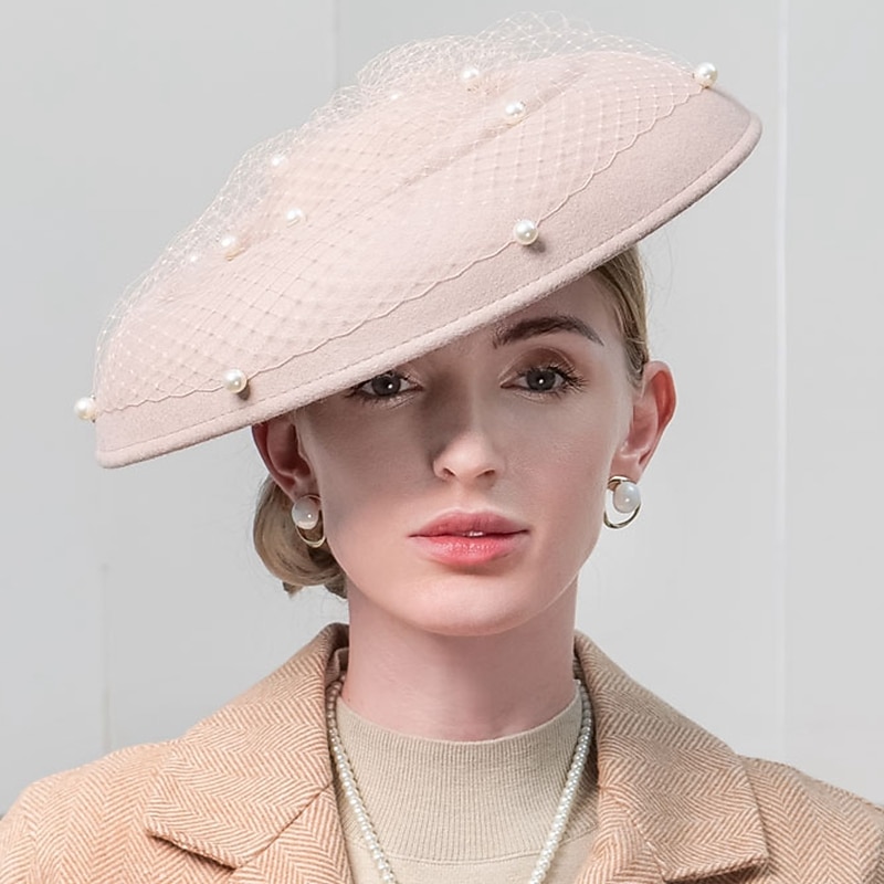 Fashion Elegant Tulle / 100% Wool Hats with Pearls / Tulle 1PC Party / Evening / Holiday Headpiece / Straw Hats with Satin Bowknot Casual / Holiday Headpiece/ Sun Protection