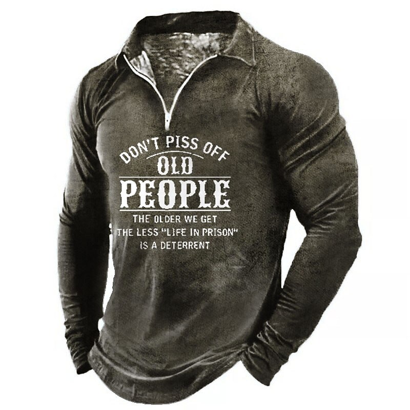 Men's Long Sleeve Quarter-Zip Shirt - Funny "Don't Piss Off Old People" Graphic Top2