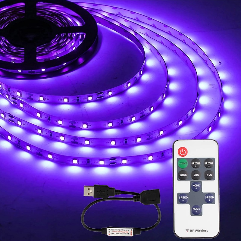 LED UV Black Light Strip Purple USB Interface with 11 Key Multi-function RF Remote Control SMD2835 380-400NM UV LED Black Light Lamp Suitable for Fluorescent Dance and UV Body Coating2