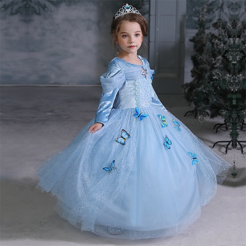 Kids Girls' Party Dress Butterfly Long Sleeve Performance Special Occasion Crewneck Princess Sweet Mesh Maxi A Line Dress Spring Fall 4-12 Years Blue4