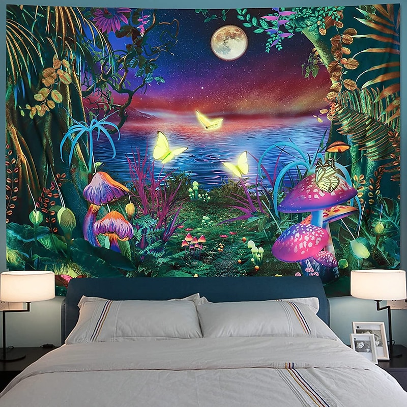 Blacklight Tapestry UV Reactive Glow in the Dark Glow Party Neon Butterflies Psychedelic Trippy Misty Hanging Tapestry Wall Art Mural for Living Room Bedroom2