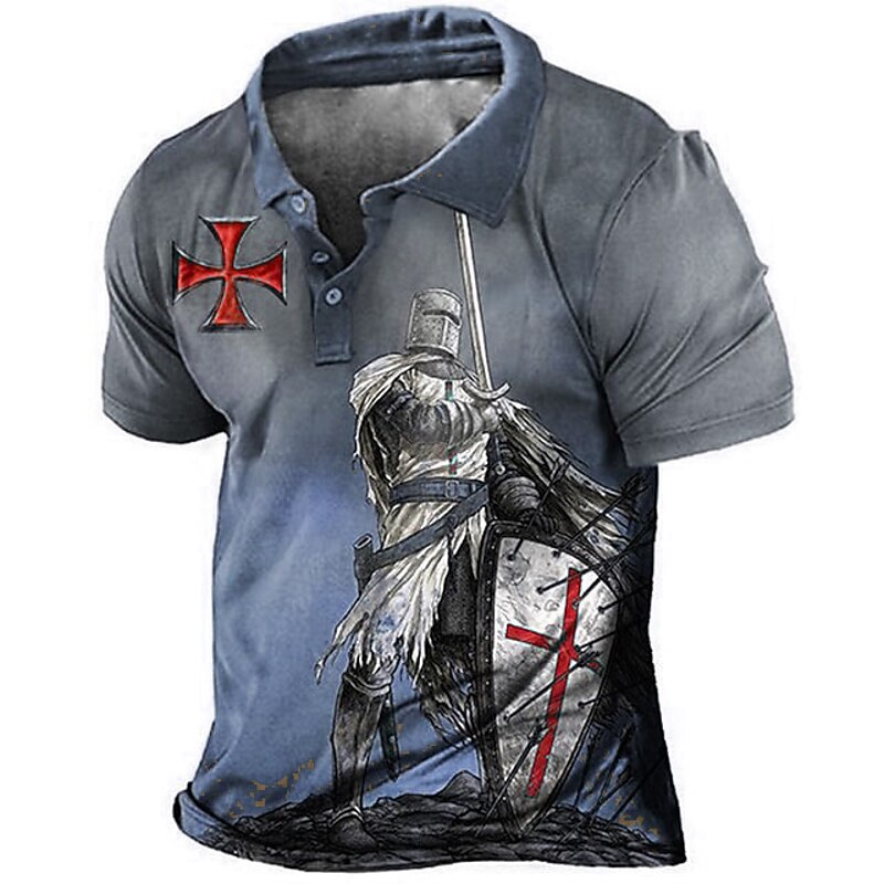 Men's Knights Templar Polo Shirts Golf Shirt Short Sleeve Polo Shirts Collared Shirts Vintage Casual Vacation Wear Festival Wear Party Outfits Buttons 3D Print Blue Brown Coffee2