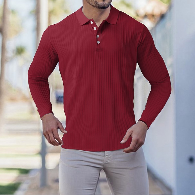 Men's Muscle Shirt Golf Shirt Casual Going out Polo Collar Classic Long Sleeve Sportswear Casual Solid Color Striped Patchwork Button Front Fall & Winter Slim Fit Black White Wine Red Navy Blue Dark3