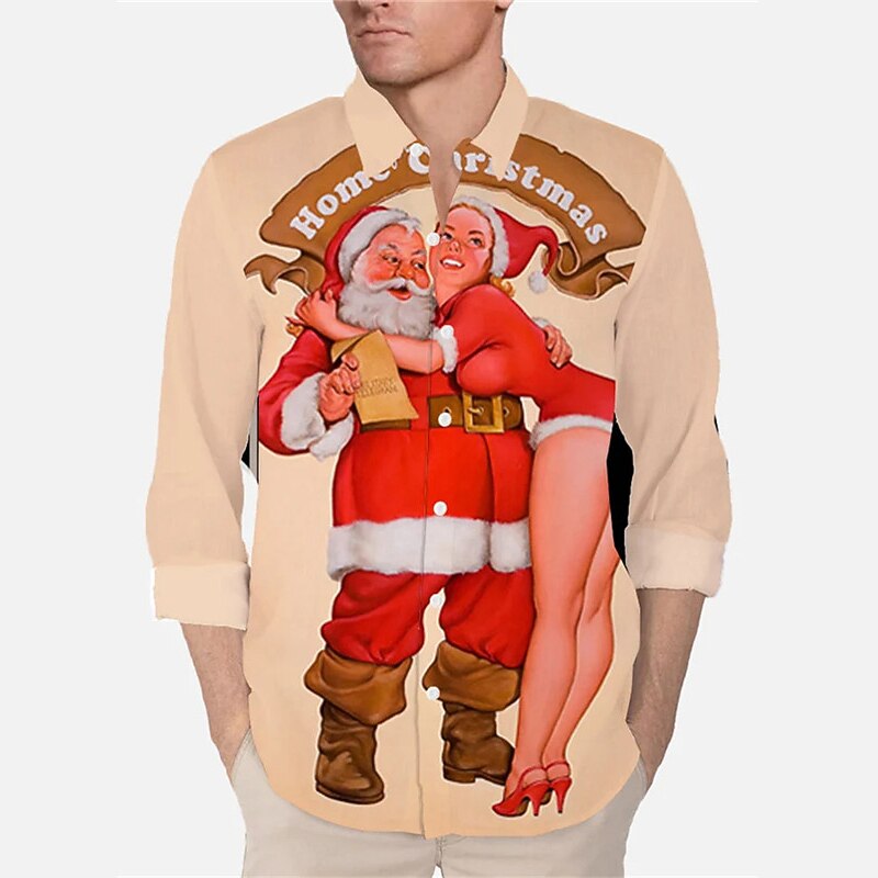 Christmas Men's Santa Claus Printed Shirts Shirts Letter Santa Claus Portrait Ugly Turndown Khaki 3D Print Outdoor Long Sleeve Button-Down Print Clothing Apparel Fashion Designer Casual2