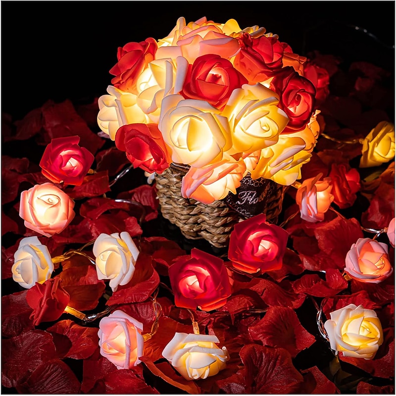 Elegant Wedding Party Reception Rose String Lights – Battery Operated Red/Pink/White 6M/3M/2M 40/20/10 LED Artificial Flower Garland for Valentine's Day - Main Image
