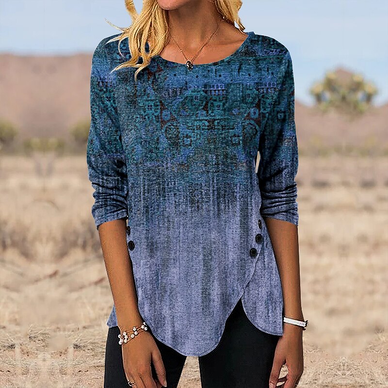 Women's Tunic T Shirt Graphic Vintage Tunic Ethnic Long Sleeve Round Neck Regular Tops Holiday Weekend Print Maroon Blue Green Gray Fall & Winter4