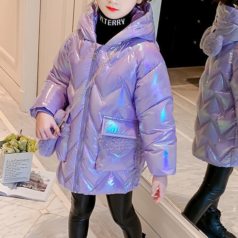 Kids Girls' Down Coat Puffer Jacket Solid Color Fashion Outdoor Cotton Coat Outerwear 4-12 Years Fall Pink Purple