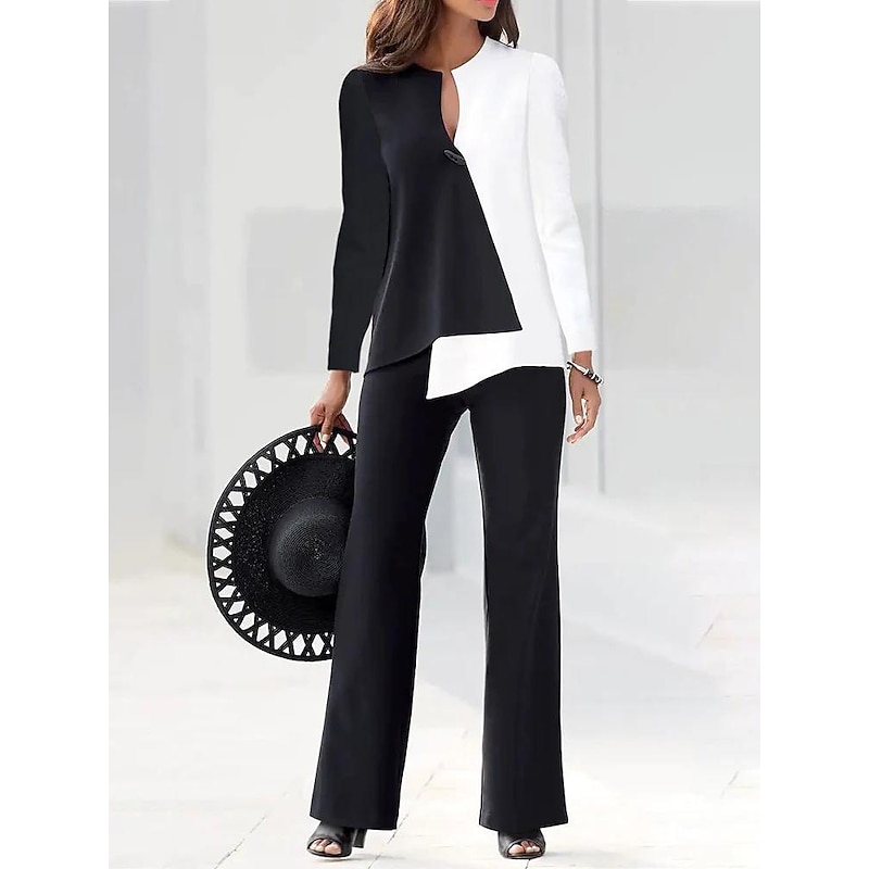 Women's Vintage Business Office Suit Dress Pants Long Sleeve V Neck Printing Patchwork Work Black White Fall & Winter3