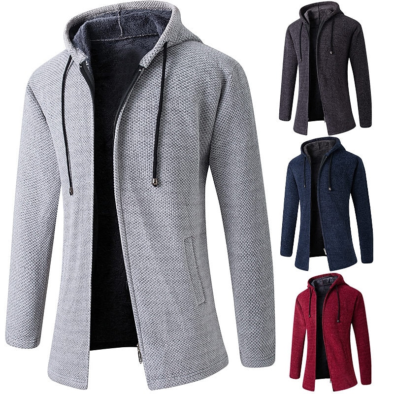 Men's Cardigan Sweater Fleece Sweater Ribbed Knit Tunic Knitted Solid Color Hooded Warm Ups Modern Contemporary Daily Wear Going out Clothing Apparel Fall & Winter Black Red & White M L XL